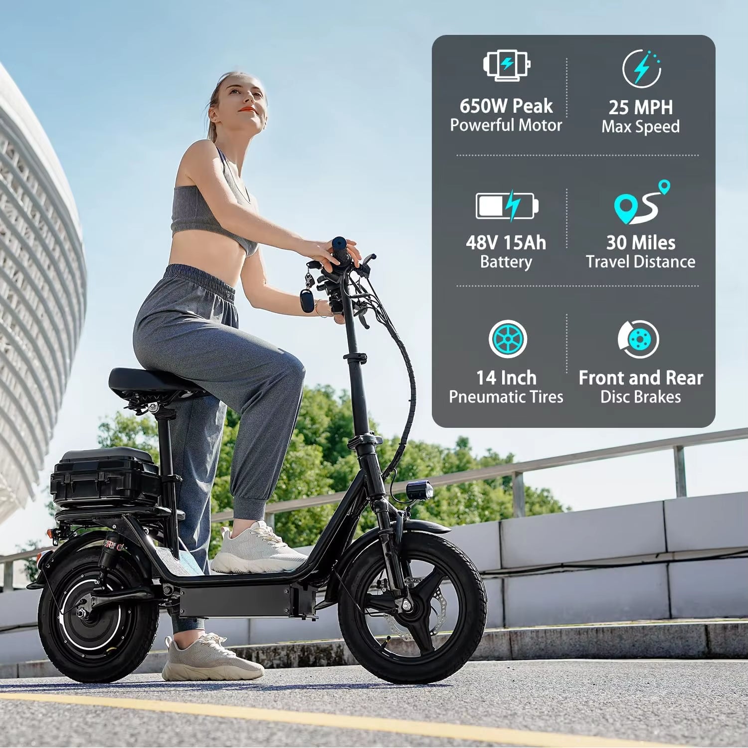 Folding Electric Scooter with Trunk, 500W Motor (Peak 650W), 48V15AH, 20MPH, 30 Mile Long Range, Suitable for Commuting Travel