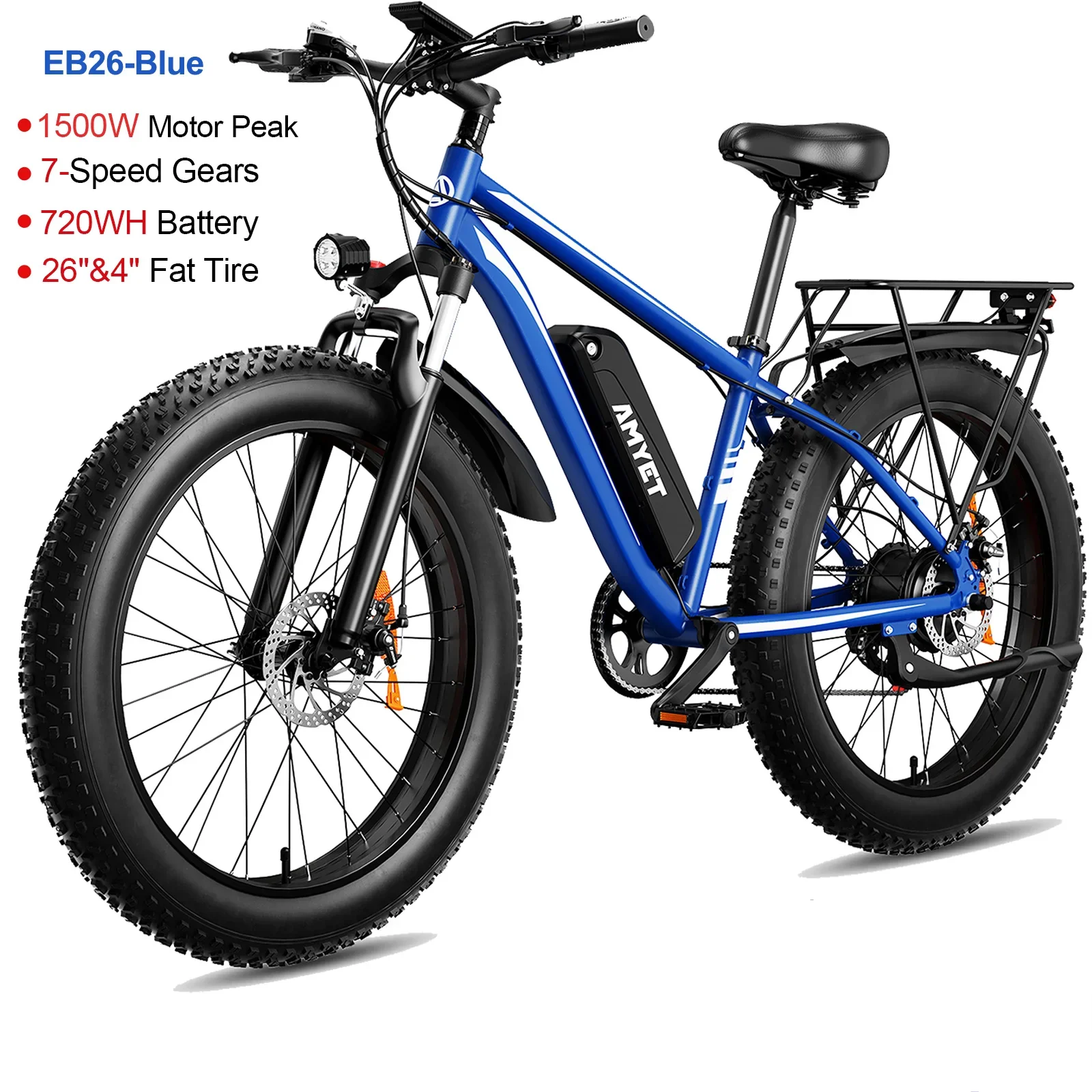 AMYET Blue Electric Bike EB26   26" Fat Tire Mountain Bike Electric Dirt Bike