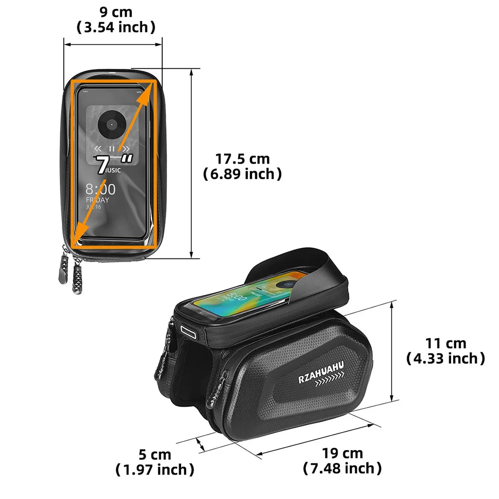 Bicycle Front Tube Bag with Touch Window Phone Holder Waterproof Hard Shell Cycling Storage Bag