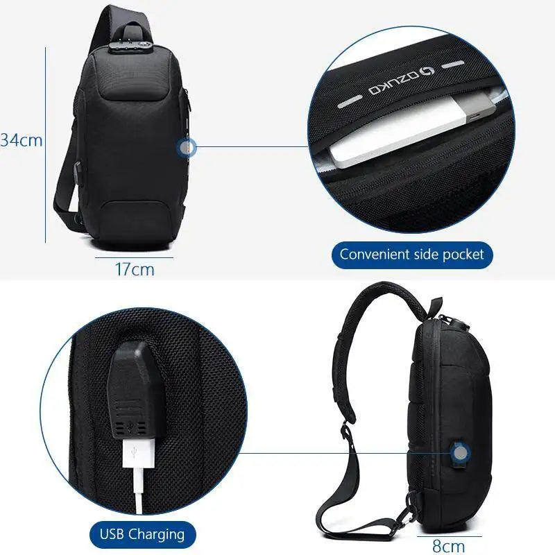 OZUKO Men Anti-theft Crossbody Sling Bag With USB Charging Port
