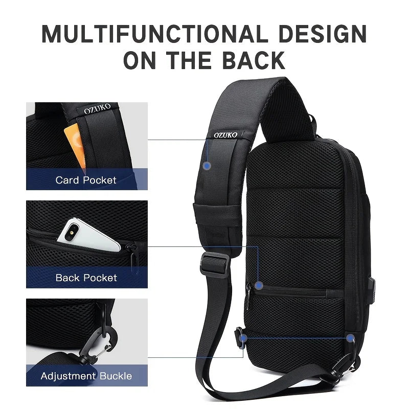 OZUKO Men Anti-theft Crossbody Sling Bag With USB Charging Port