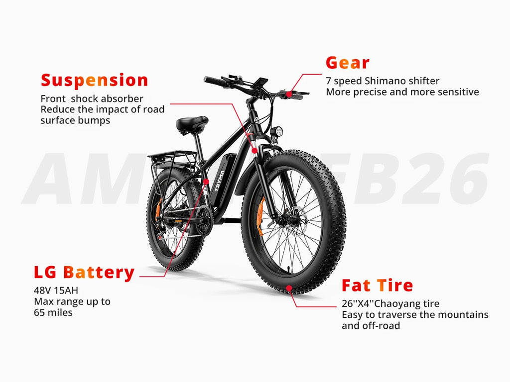 AMYET Blue Electric Bike EB26   26" Fat Tire Mountain Bike Electric Dirt Bike