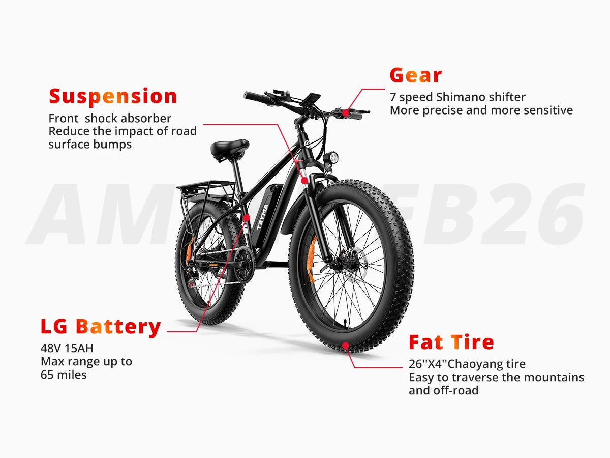 AMYET Blue Electric Bike EB26   26" Fat Tire Mountain Bike Electric Dirt Bike
