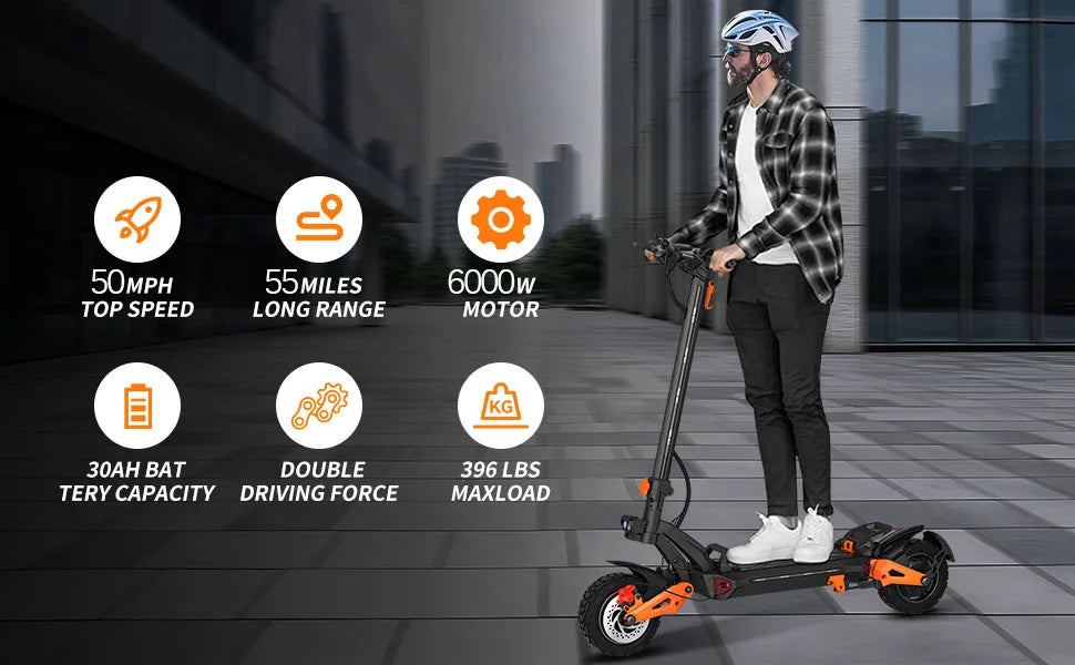 6000W Electric Scooter,Daul Motor,60V 30Ah, 11'' Off Road Tires,55miles Range,Sport Folding eScooter