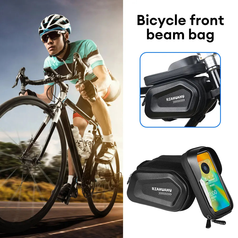 Bicycle Front Tube Bag with Touch Window Phone Holder Waterproof Hard Shell Cycling Storage Bag