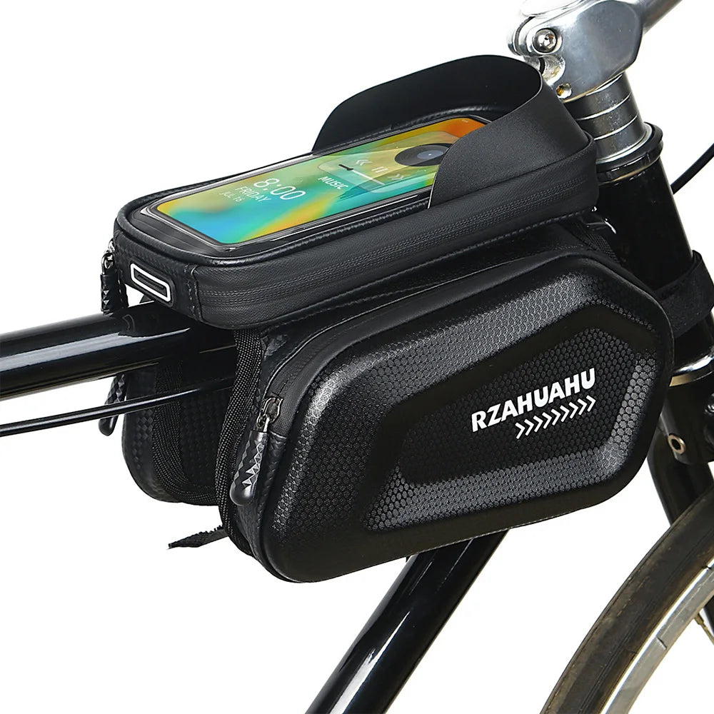 Bicycle Front Tube Bag with Touch Window Phone Holder Waterproof Hard Shell Cycling Storage Bag